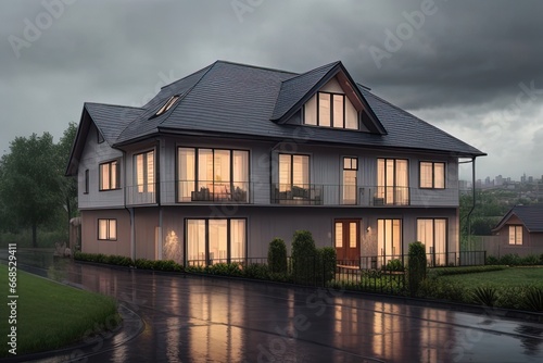Modern house with dark clouds in the background. Rainy day.