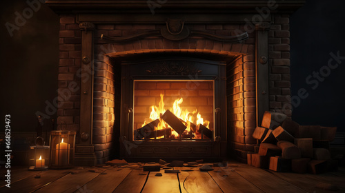 Warm fireplace glow in a cozy room.