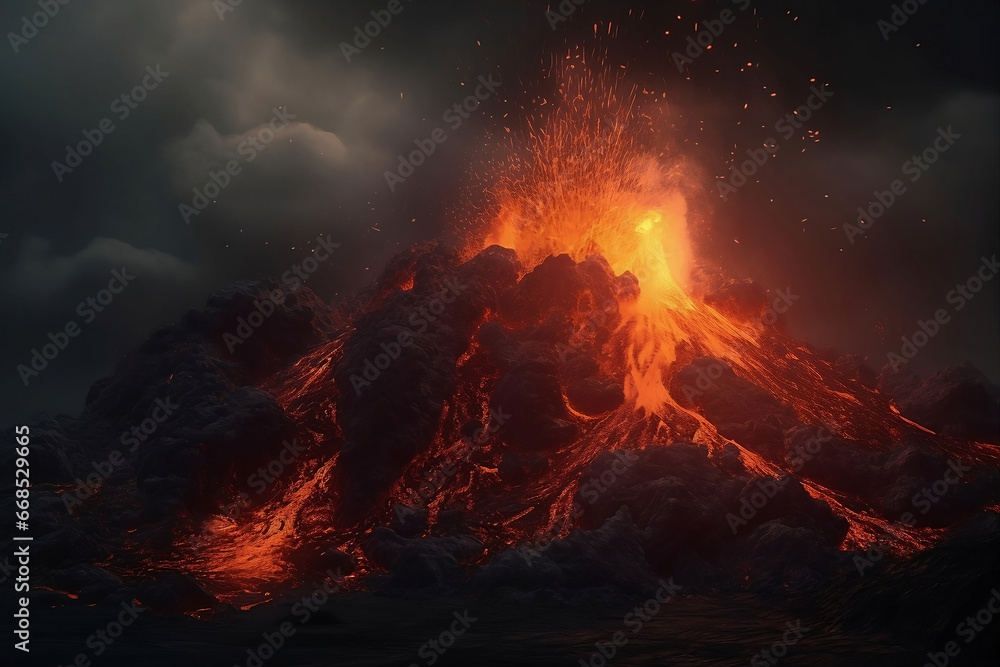 View of lava erupting from a volcano. 