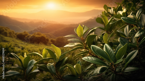 Sunset over lush hills with foliage.