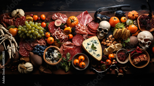 Halloween theme charcuterie board. Above view