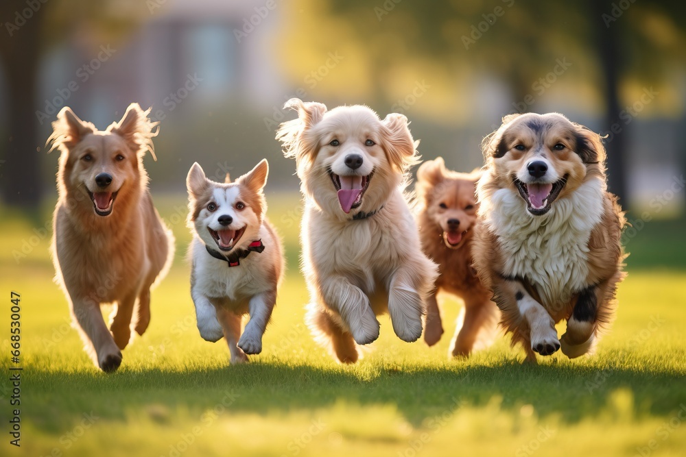 Group of cute dogs running and playing on the green grass in the park. Concept. Products. Pet food.