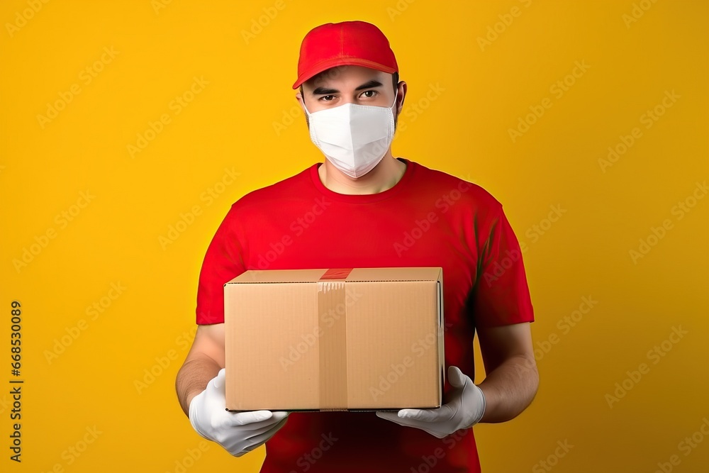 The delivery man wore a bare T-shirt and gloves, his face holding a yellow cardboard box. The delivery man wore a bare T-shirt and gloves, his face holding a yellow cardboard box.