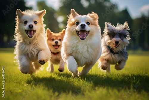 Group of cute dogs running and playing on the green grass in the park. Concept. Products. Pet food. photo