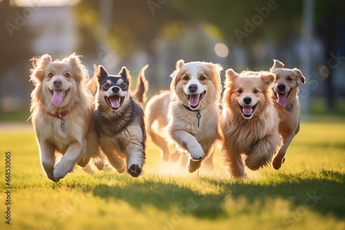 Group of cute dogs running and playing on the green grass in the park. Concept. Products. Pet food.