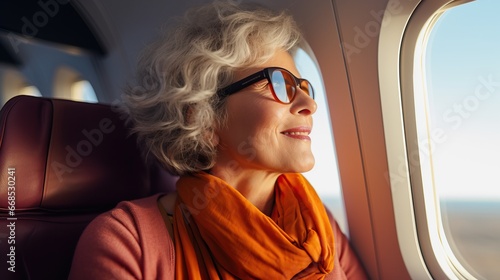 Happy senior woman traveling by airplane Departure