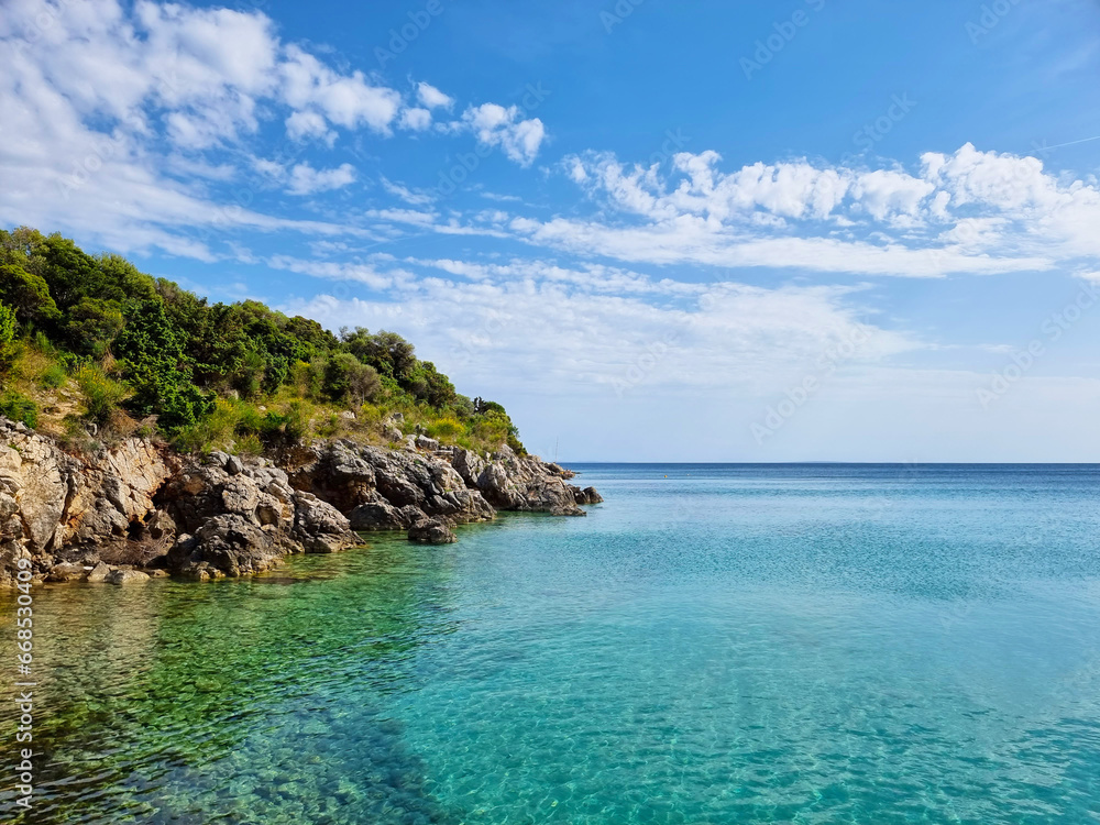 Nature landscape view of beautiful cliff and sea in sunny day, island of Pag Croatia. Natural wallpaper, copy space area Nature landscape view of beautiful cliff and sea in sunny day, island of Pag Croatia. Natural wallpaper, copy space area