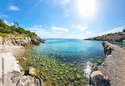 Nature landscape panorama view of beautiful beach and sea in sunny day, island of Pag Croatia. Beach sea, copy space area