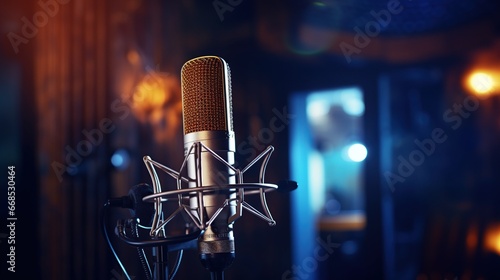 Studio condenser microphone. Microphone on anti-vibration live recording with side view colored light background. microphone record, music business equipment. Generative AI photo