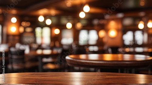 Empty wooden table and blurred background of bar, pub or restaurant. For product display.
