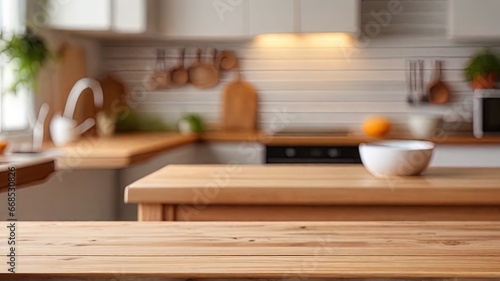 Empty wooden table and blurred kitchen interior background, product display montage.