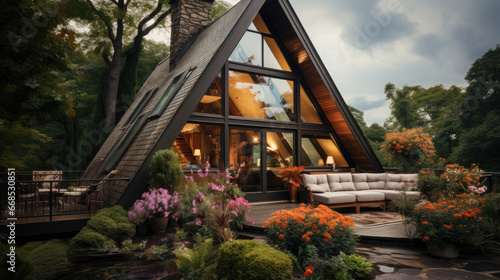 a-frame house in nature, glamping, hotel, recreation center, modern architecture, stylish building, guest house, villa, triangular, pyramidal, glass, garden, wood