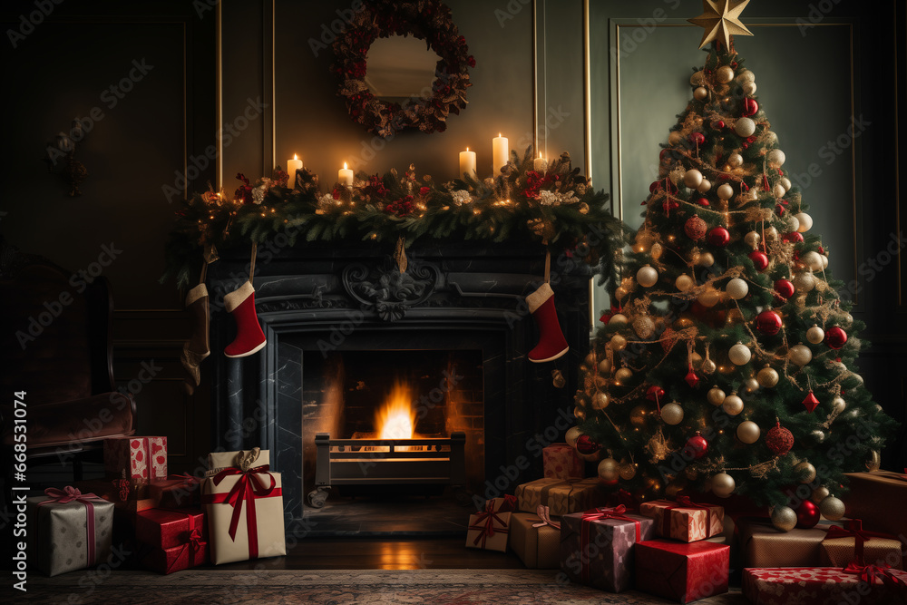 Beautiful Christmas tree in a cozy room near the fireplace and gifts