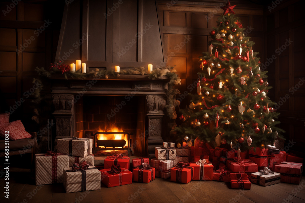 Beautiful Christmas tree in a cozy room near the fireplace and gifts Beautiful Christmas tree in a cozy room near the fireplace and gifts