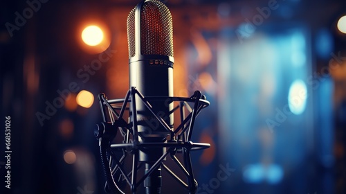 Studio condenser microphone. Microphone on anti-vibration live recording with side view colored light background. microphone record, music business equipment. Generative AI