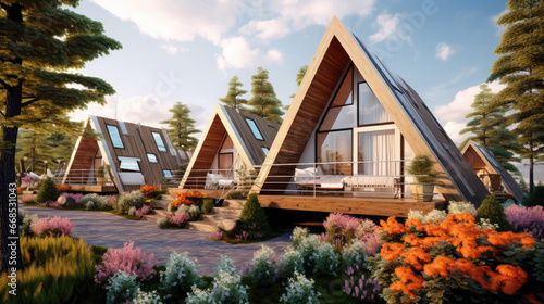 a-frame house in nature, glamping, hotel, recreation center, modern architecture, stylish building, guest house, villa, triangular, pyramidal, glass, garden, wood