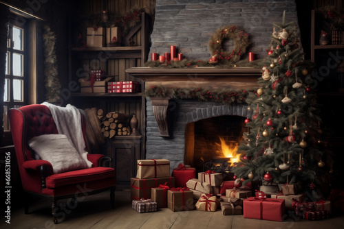 Beautiful Christmas tree in a cozy room near the fireplace and gifts