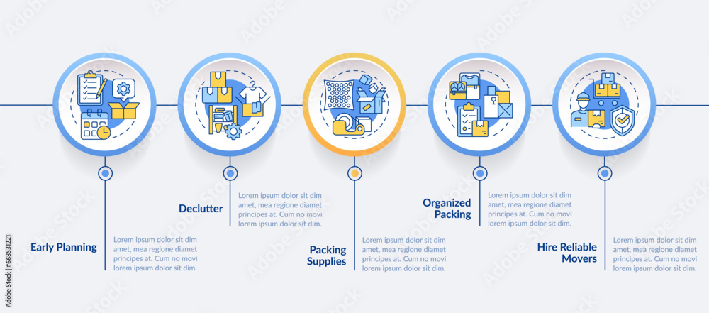 2D moving service vector infographics template, data visualization with 5 steps, process timeline chart. 2D moving service vector infographics template, data visualization with 5 steps, process timeline chart.