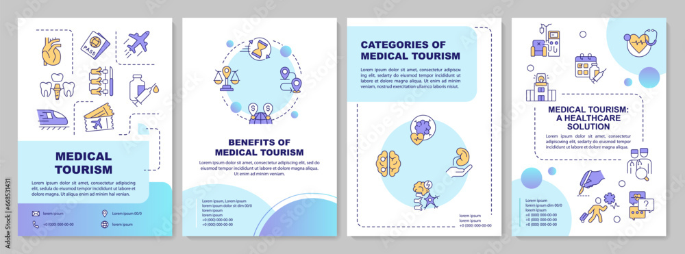 Gradient medical tourism brochure template, leaflet design with thin linear icons, 4 vector layouts. Gradient medical tourism brochure template, leaflet design with thin linear icons, 4 vector layouts.