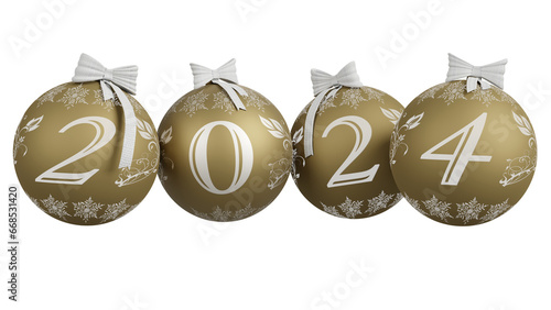PNG. Trasparente. Illustrazione 3D. Anno nuovo 2024. Capodanno 2024 in numeri e con decorazione natalizia. photo