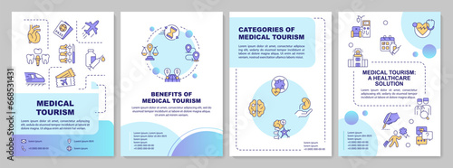Gradient medical tourism brochure template, leaflet design with thin linear icons, 4 vector layouts.