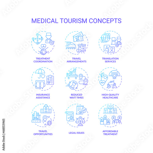 Set of 2D creative gradient thin line icons representing medical tourism, isolated vector, linear illustration. © bsd studio