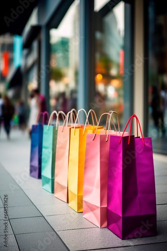 many colorful shopping bags in the citty on the street, outdoor