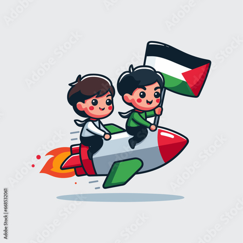 Boys riding rocket and waving Palestine flag