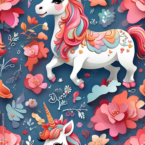 Seamless pattern of a lovely pony unicorn. 3D cartoon style. Repeatable image background. Generative AI.