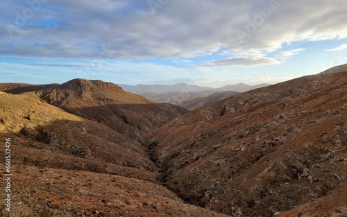 Rugged mountain landscapes on the Spanish island of Fuerteventura