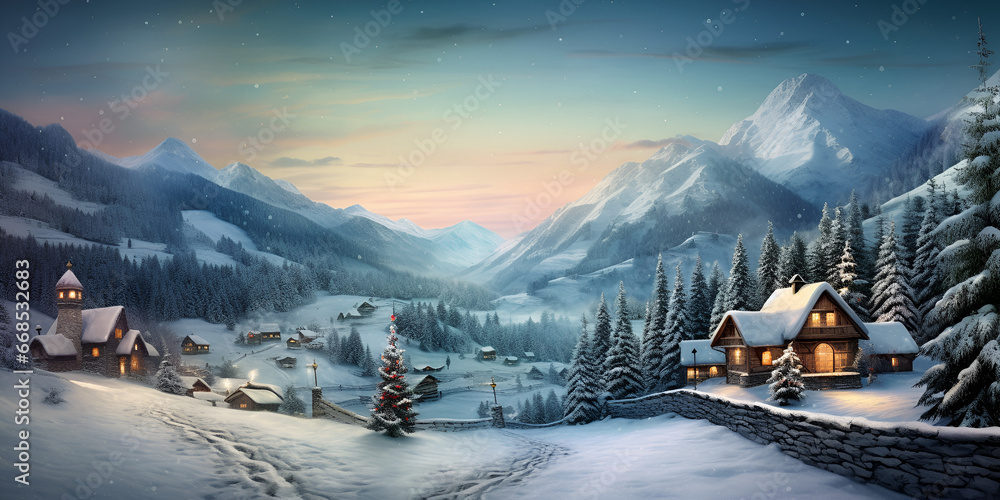 A beautiful christmas village in the mountains winter landscape with chirstmas background  - obrazy, fototapety, plakaty 