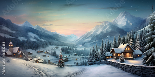 A beautiful christmas village in the mountains winter landscape with chirstmas background 