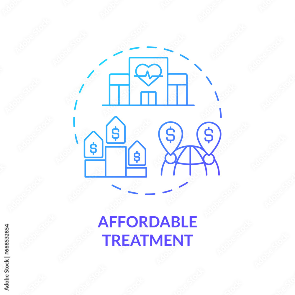 2D gradient affordable treatment icon, simple isolated vector, medical tourism thin line illustration. 2D gradient affordable treatment icon, simple isolated vector, medical tourism thin line illustration.