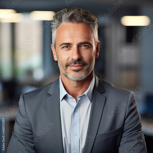 Happy mid aged older business man executive standing in office. Smiling 50 year old mature confident professional manager, confident businessman investor looking at camera, headshot close up portrait