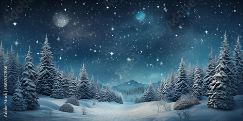 Christmas background with snowy fir trees and presents