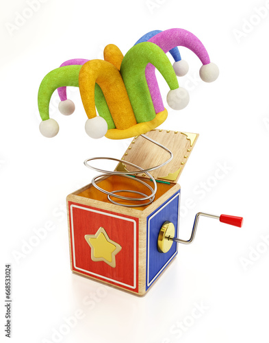 Joke surprise box with jester hat isolated on white background. 3D illustration