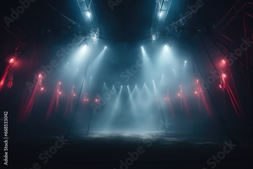 Circus arena in the light of spotlights, stage of a moving circus. Touring circus. Generated by artificial intelligence