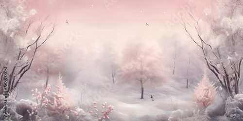 There is a small snow covered forest with pink trees and pink sky background