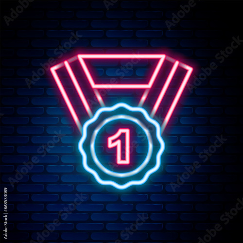 Glowing neon line Dog award symbol icon isolated on brick wall background. Medal with dog footprint as pets exhibition winner concept. Colorful outline concept. Vector