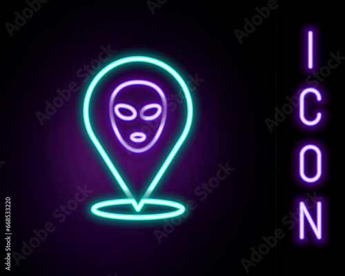 Glowing neon line Alien icon isolated on black background. Extraterrestrial alien face or head symbol. Colorful outline concept. Vector