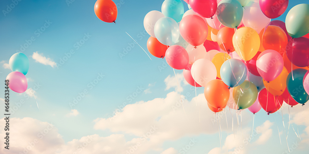 Colourful Holi Balloons Floating Against Blue Sky background 