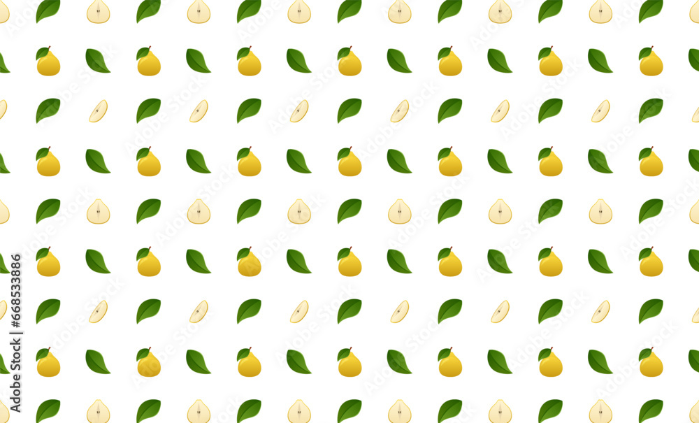 Pear whole, leaf and slice seamless pattern.Beautiful vector seamless pattern with whole Pear, leaves and Pear pieces. Doodles. Suitable for wallpaper, surface textures, textile. Pear whole, leaf and slice seamless pattern.Beautiful vector seamless pattern with whole Pear, leaves and Pear pieces. Doodles. Suitable for wallpaper, surface textures, textile.
