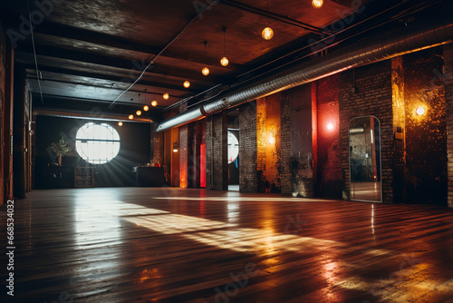 A hazy hallway with brick walls, glowing spotlights, and a concrete floor, forming a retro-style studio for dancing and parties.