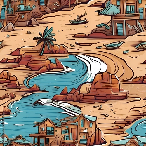 Seamless pattern of a fascinating traditional beach. Cartoon style. Repeatable image background. Generative AI.