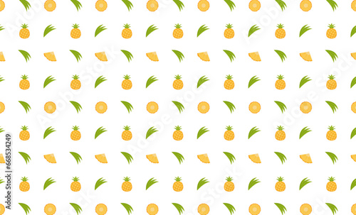 Fototapeta Naklejka Na Ścianę i Meble -  Pineapple whole, leaf and slice seamless pattern.Beautiful vector seamless pattern with whole Pineapple, leaves and Pineapple pieces. Doodles. Suitable for wallpaper,  surface textures, textile.