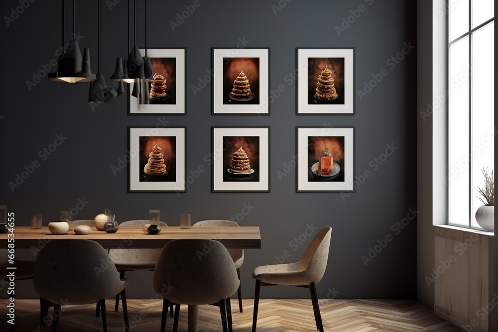 Fototapeta premium home wall art gallery mockup, modern, minimalistic style, dark calm colors, kitchen, light, shades