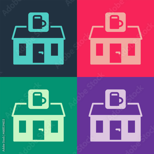 Pop art Store building of beer shop icon isolated on color background. Brewery sign. Vector