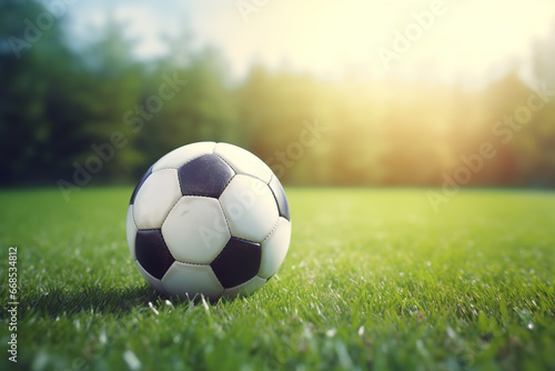 Outdoor soccer ball on sport court with green lawn, 3D rendered image