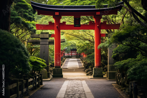 photography  A traditional Japanese torii gate stands majestically at the entrance of a lush  peaceful pathway  