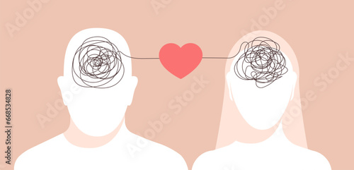 Man and woman faceless silhouettes with scribbled brains and heart shape between. Mental health and emotional confusion concept. Family problems solution. Love as treatment for messy mind. Vector.